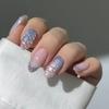 24pcs Manicure Long Almond False Nails Metallic Bow 3D Flower Press On Nails Glitter Sequins French Nail Tips DIY