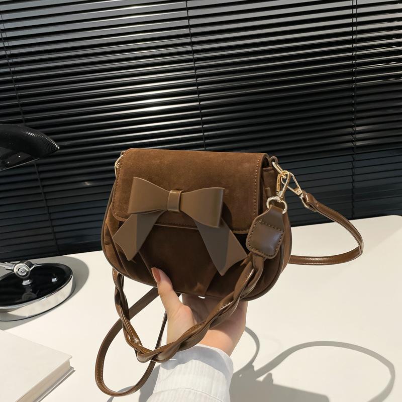 Bow Solid Color Saddle Bag Women's New Autumn and Winter Retro Fashion Casual Simple Twist Shoulder Strap Messenger Bag