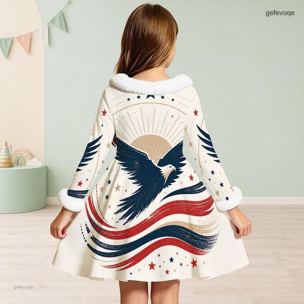 Girls White High Neck Long Sleeve Printed A Line Flared Dress With Bow Fur Trim