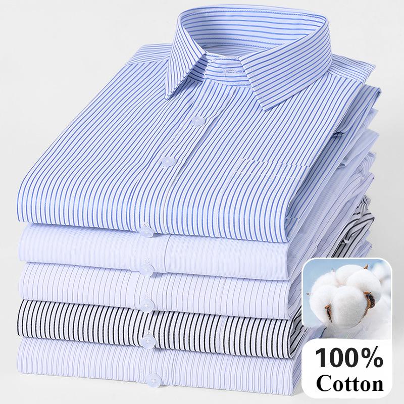 8XL Solid Color Classic Striped Shirts Men Long Sleeve Formal Office Business White Blue 100 Cotton Long Sleeve Shirt for Men
