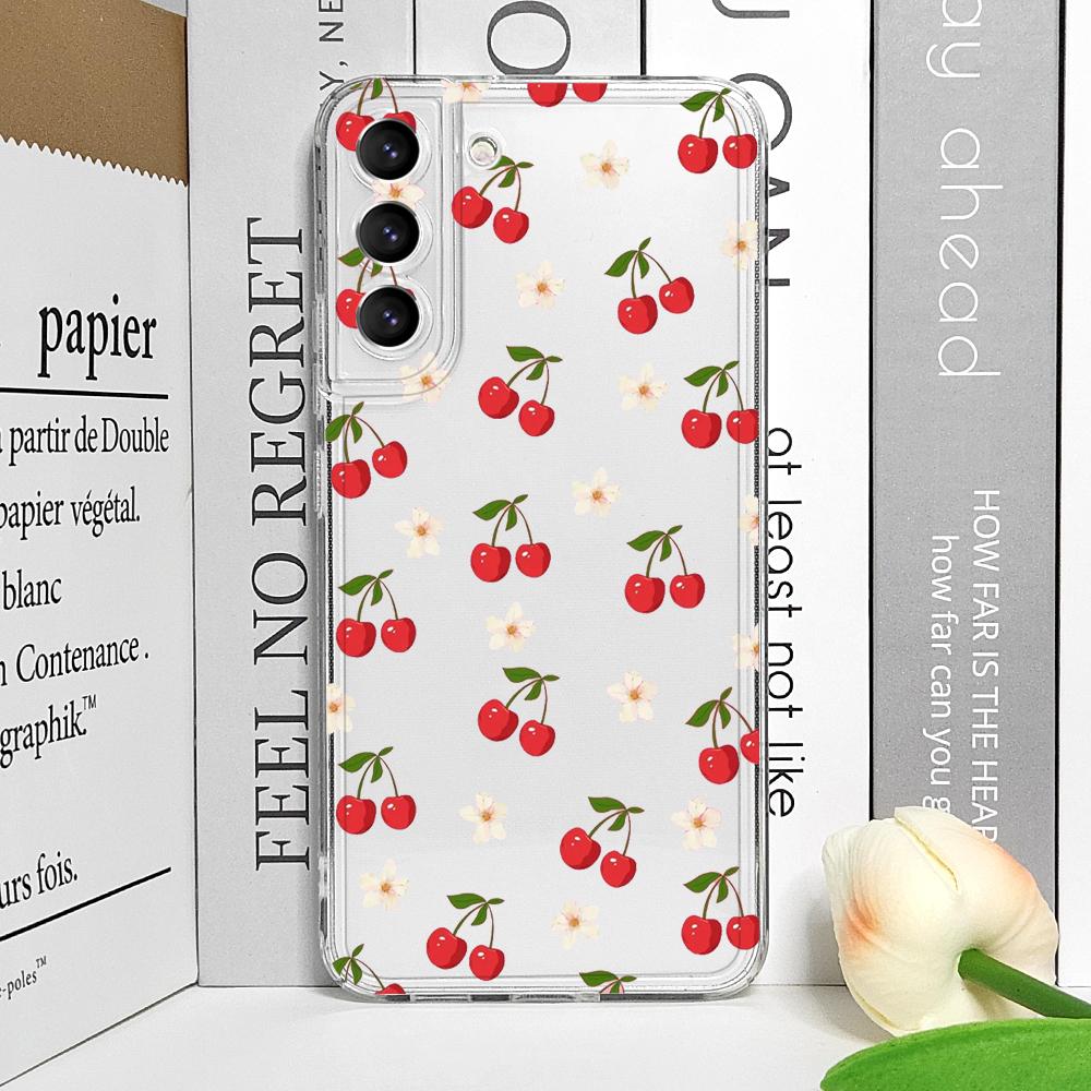 Korean Cute Cherry Bow Silicon Phone Case for Samsung Galaxy S22 S23 S24 S25 Plus Ultra S21 FE Clear Soft Shockproof Back Covers