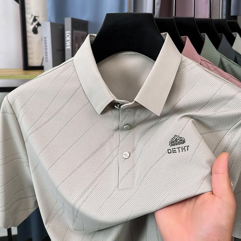 

Мужская футболка-пуловер с лацканами из шелка Ice Silk с короткими рукавами, модная рубашка-поло, повседневный топ для отца 4XL