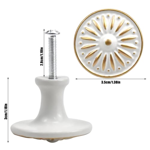 Sada 10 knoflíků ke šuplíkům v antické bílé barvě, kulaté kliky ke dveřím se šroubky, retro květinový vzor, cca. Průměr 35 mm, pro kuchyň, pokoj, interiérové dveře,