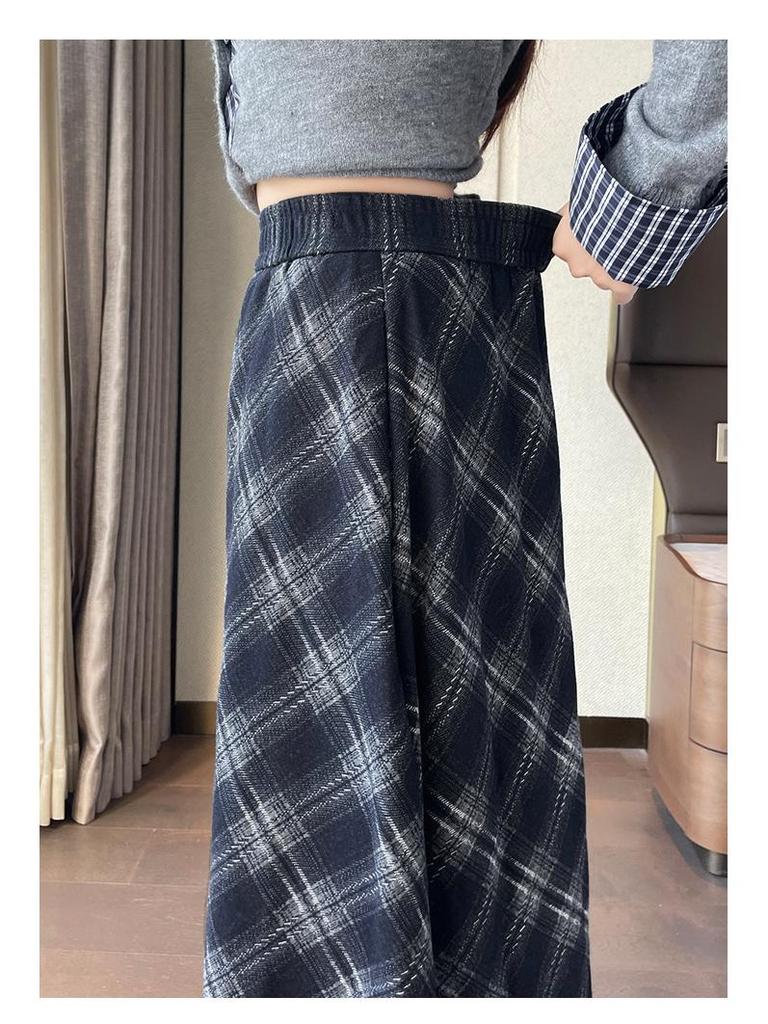 New Autumn/Winter Plus-Size Plaid Wool A-Line Midi Skirt for Women with Slimming Wide Hem