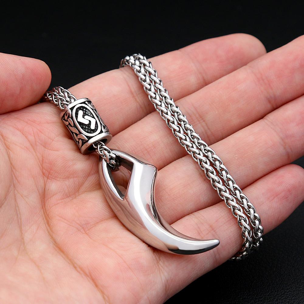 Viking Retro Wolf Tooth Necklace Stainless Steel Norse Rune Pendant Necklace For Men Women Amulet Jewelry Gift