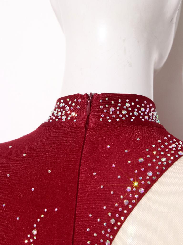 Damen Funkelndes Strass-Trikotkleid Durchsichtiges Netz Langarm Rollkragen Farbblockierung Asymmetrischer Saum für Eiskunstlauf Lateinische Performance