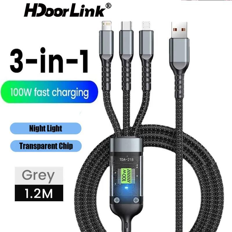 

HdoorLink Кабель для быстрой зарядки 3 в 1, провод быстрой зарядки 100 Вт, шнур зарядного устройства для Lightning Micro USB TYPE-C, USB-кабель 1,2 м