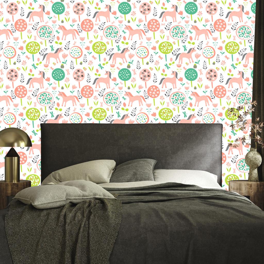 Wallpaper Colorful Unicorns and Plants for Living Room and Bedroom 50x1000