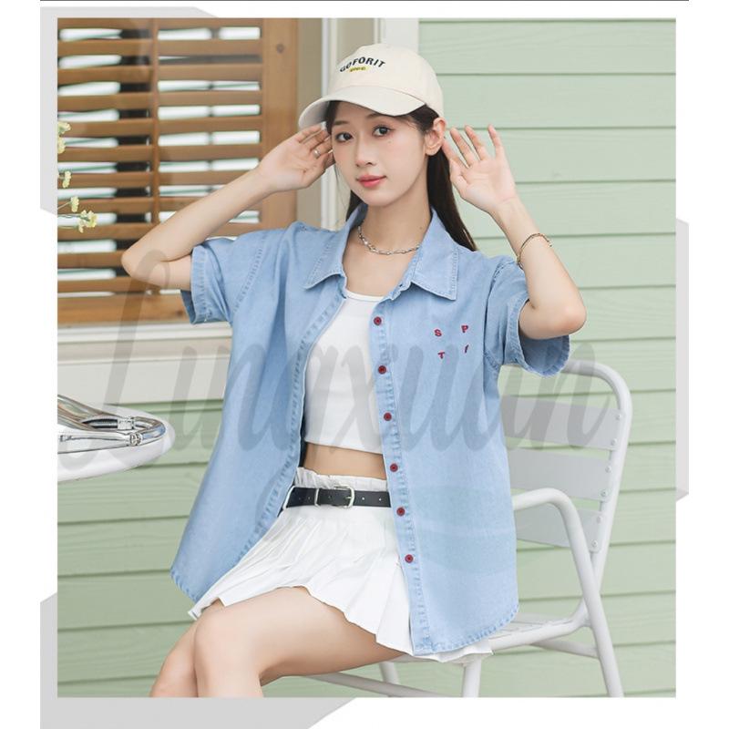 Korean-Style Embroidered Retro Casual Short-Sleeve Top XL синий