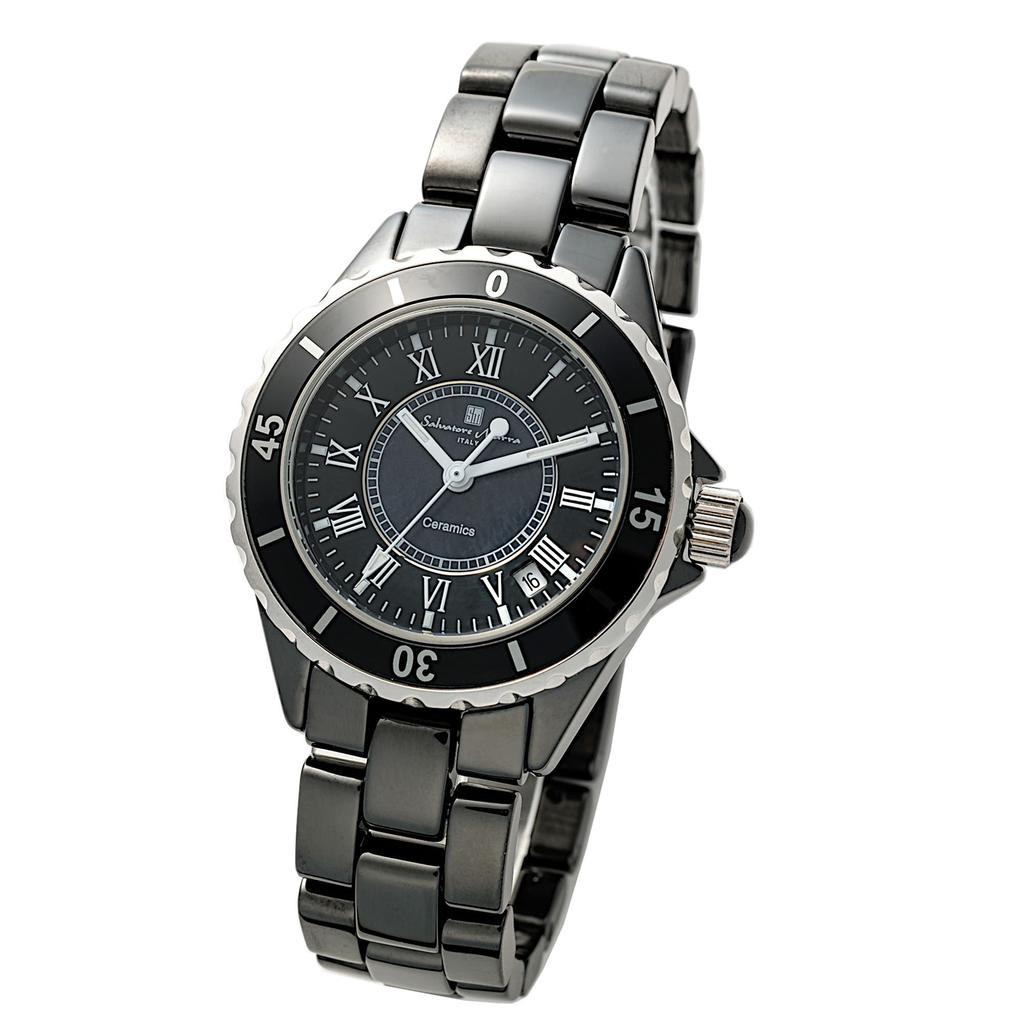 Salvatore Marra Men's Ceramic Analog Quartz Watch, Waterproof, Rotating Bezel, Black, BKR, with Cloth