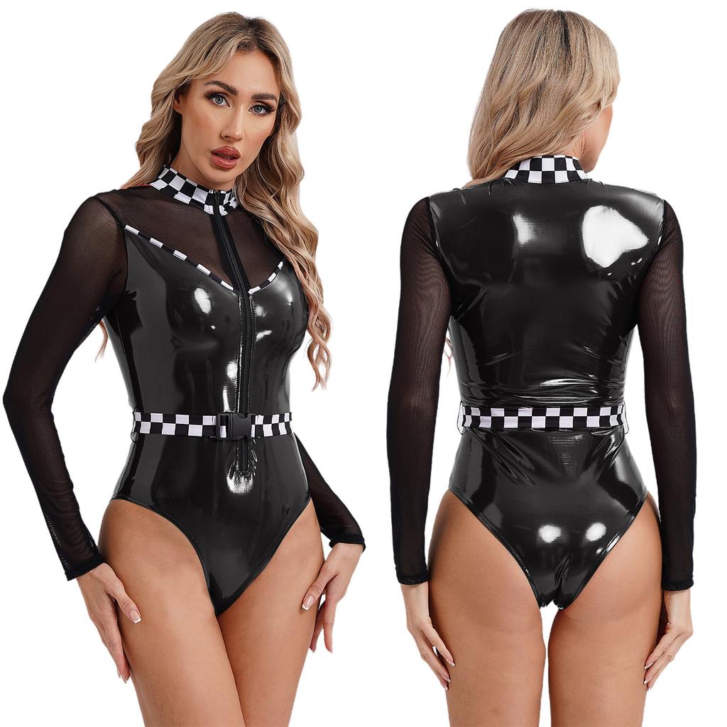 Dame Sjakkbrett Racer Bil Halloween Cosplay Speed Racer Driver Bodysuit Sjakkbrett Lær Trikot Jumpsuit Sexy Uniform