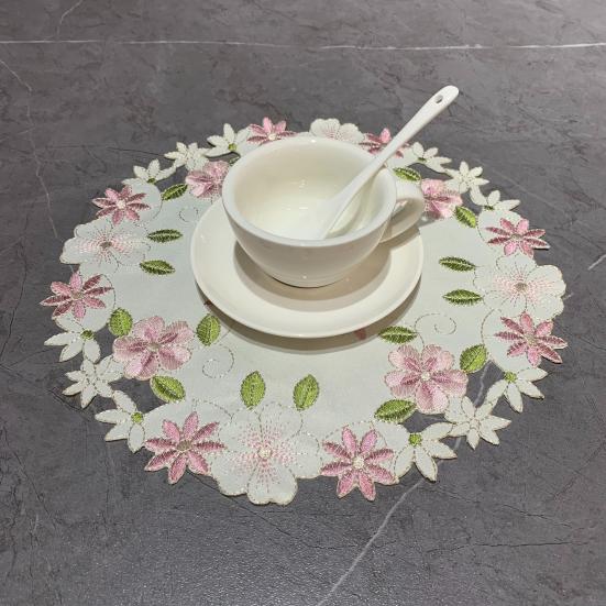 Embroidered Flower Placemat, Round Floral Coaster Placemat, Heat Resistant Table Protector Mat for Dining Table Cup Vase Wedding Party Decoration