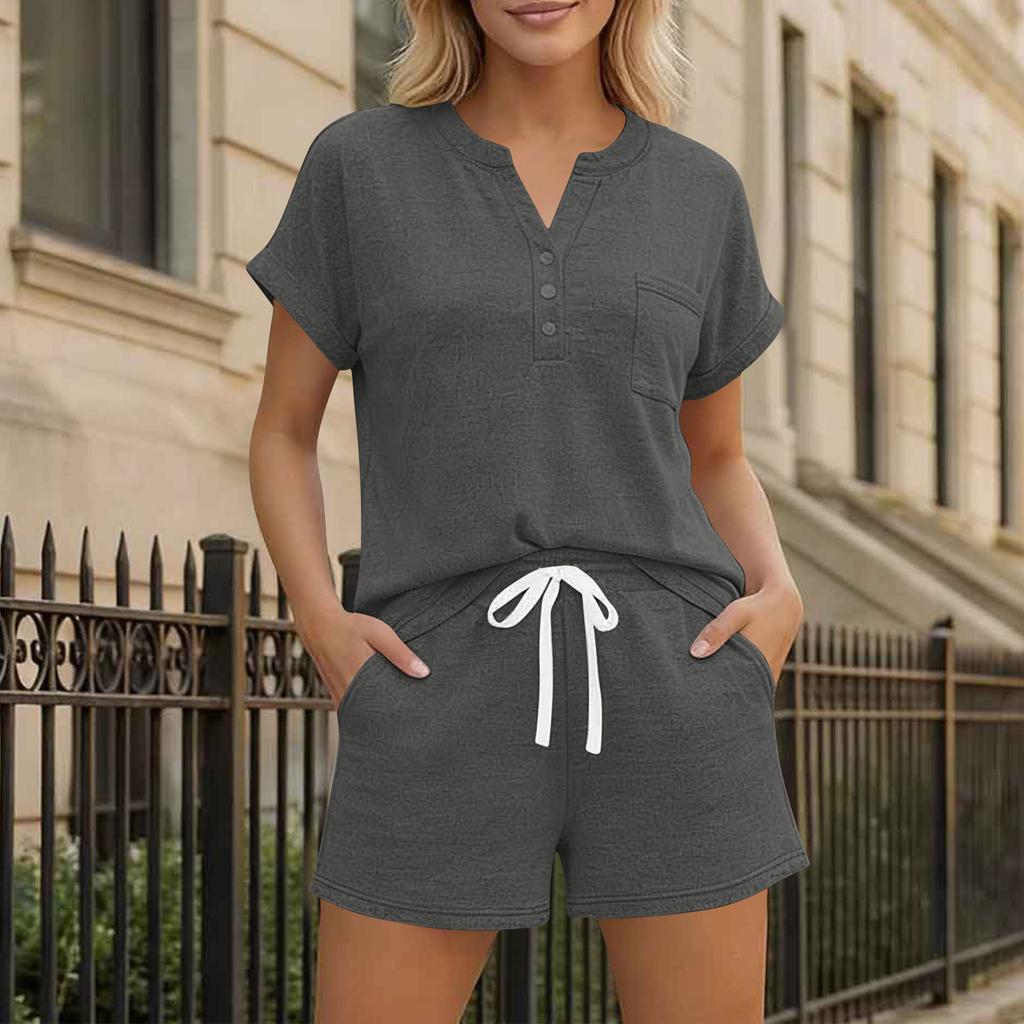 Women Casual Two Piece Lounge Set Short Sleeve Henley Neck Top with Button Detail and Drawstring Waist Shorts Relaxed Fit