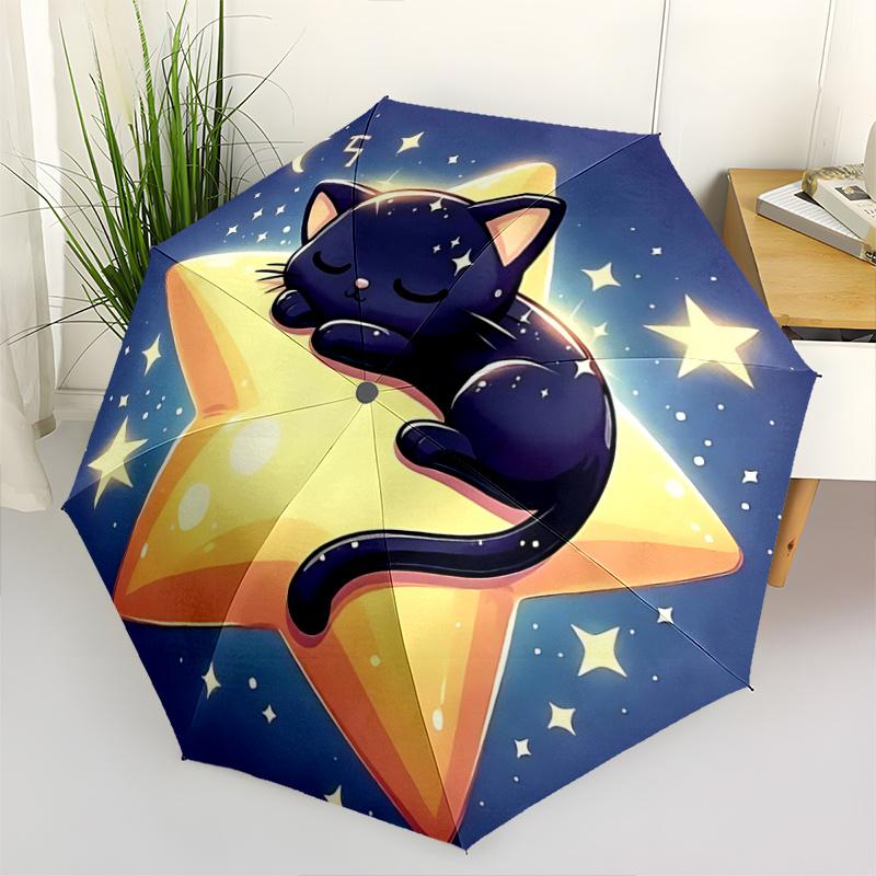 1pc Starry Night Black Cat Star Shaped Automatic Opening/Closing Umbrella with Foldable Design, Outdoor for Fans, Travelers, Everyday Use, Festiv