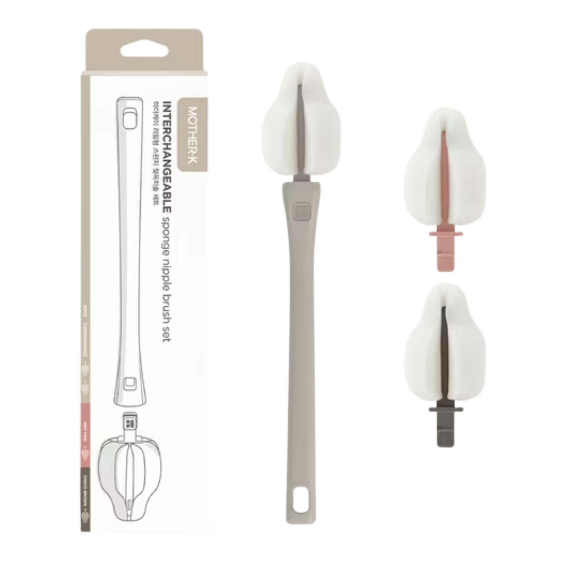 

[Authentic] MOTHER-K Nipple Brush, Baby Bottle Brush, High-Adhesion Foaming Sponge, Bottle Brush Set (1 Brush Head + 3 Replacement Nipple Brush