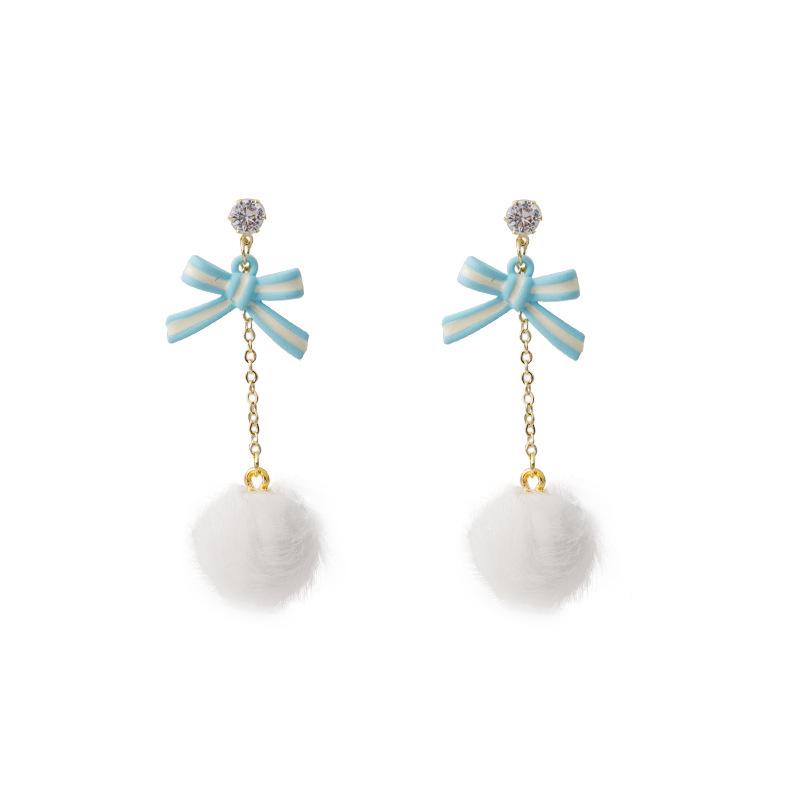 Silver Needle Asymmetrical Bear & Cloud Pom-pom Earrings