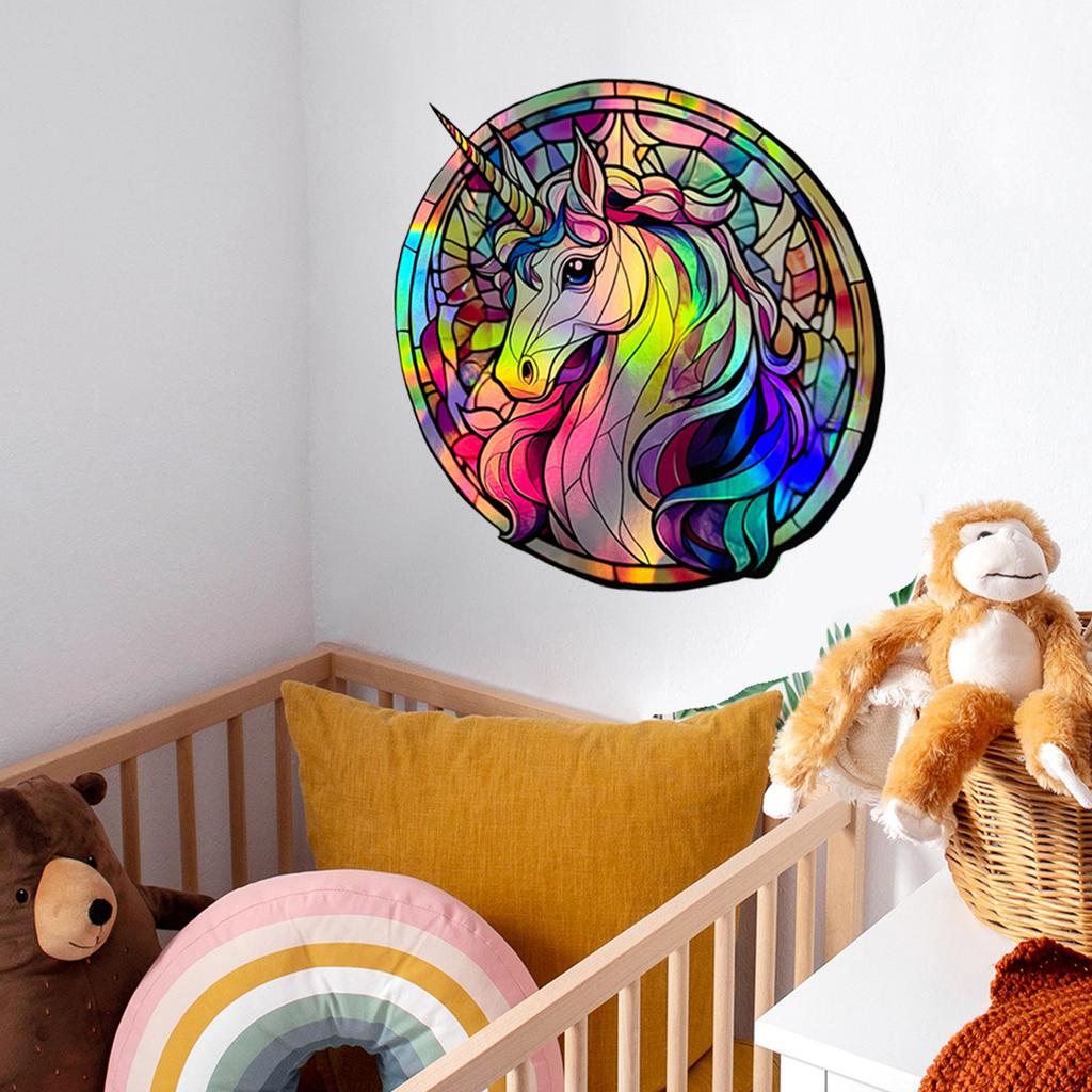 Ls13512 Laser Material Gradual Change Colorful Unicorn Round Wall Sticker Viewing Angle Different Pattern Color