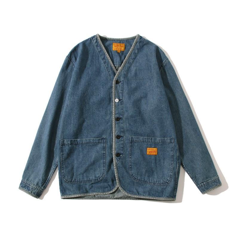 Mens Vintage Washed Denim Jacket Casual Loose Fit Long Sleeve No Collar Blue Streetwear Young Adults