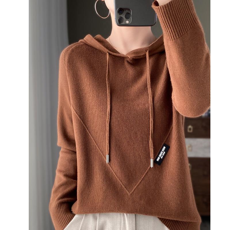 INDFS Women's Fashion Casual Fall Winter Solid Color Print Long Sleeve Hooded Sweaters