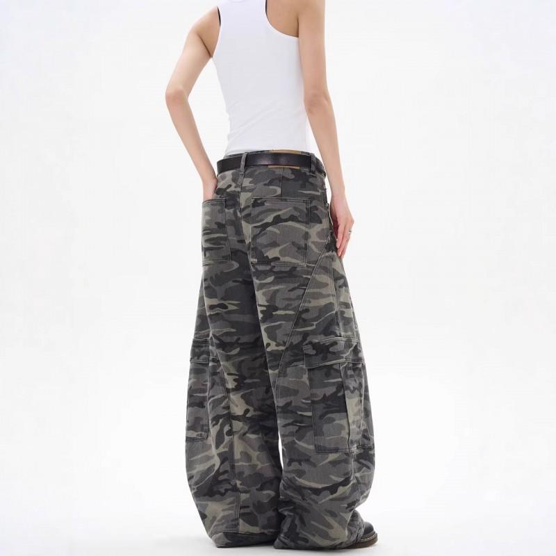 Jeans Cargo Unisex Vestibilità Rilassata Con Stampa Mimetica Strappati Gamba Larga Denim Streetwear