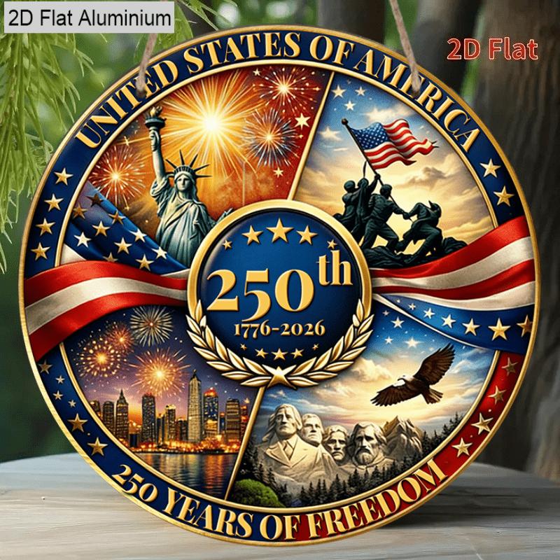 1776-2026 America 250th Anniversary Aluminum Door Hanger, Bald Eagle & Fireworks Sign, Patriotic Decor for Porch, Living Room & 4th of July Party