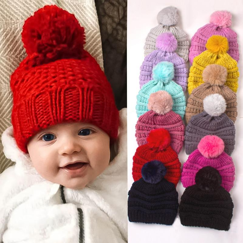 Baby Knitted Hat, Versatile Children's Autumn and Winter Hairball Warm Hat, Warm Baby Wool Hat