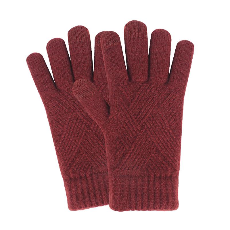 Adult Winter Touch Screen Knitted Gloves for Women Double Layer Plus Velvet Warm Cold proof Five Finger Gloves Riding Anti Slip Gloves for Men