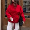 Womens Red Turtleneck Jacket Vintage Drawstring Waist Batwing Sleeve Sun Protection Top