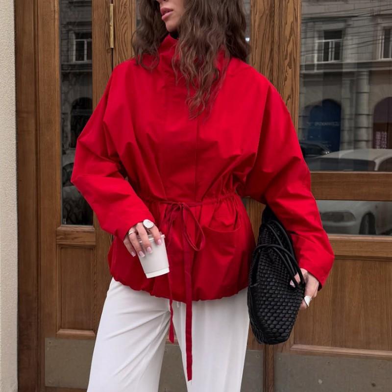 Womens Red Turtleneck Jacket Vintage Drawstring Waist Batwing Sleeve Sun Protection Top