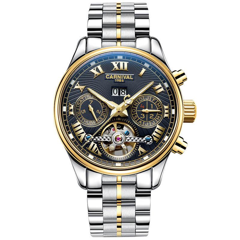 CARNIVAL Stainless Steel Automatic Mechanical Watch Mens Top Luxury Brand Tourbillon Sports Luminous Date Men Watches