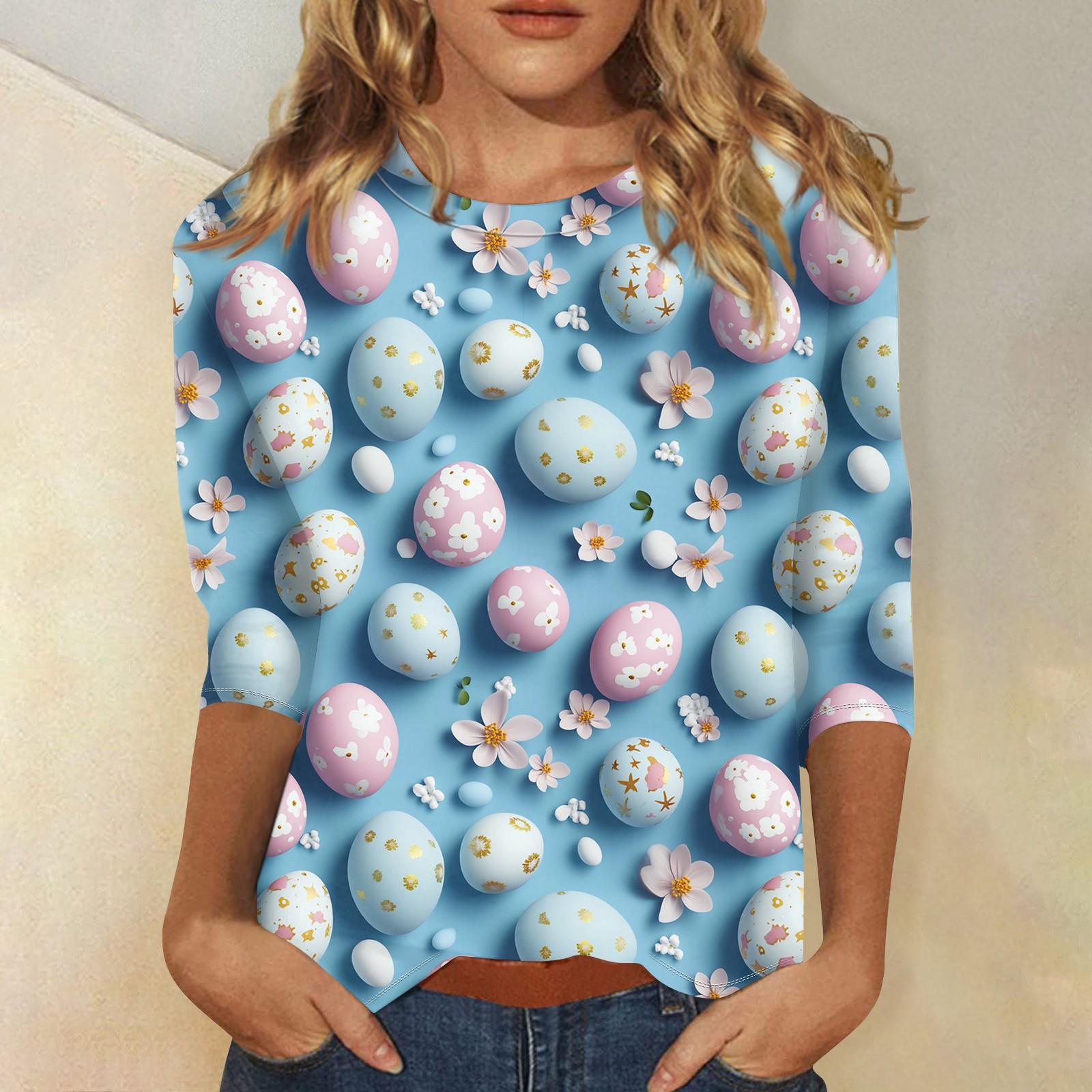 

Женская повседневная футболка с круглым вырезом и принтом пасхального яйца, рукав три четверти S
