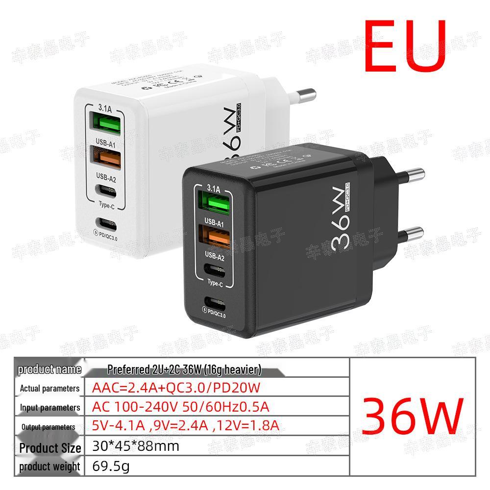 2A+2C Multi-Port Charger: European/American/UK Specs, QC3.0 & PD36W Fast Charging for Mobile Phones