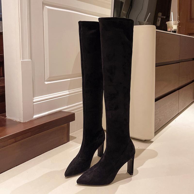 

Winter Elastic Slim Women Over The Knee Boot Square High Heels Thigh High Sock Booties botas de inverno feminina 35 чёрный