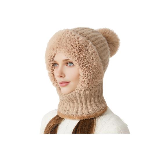 3 In 1 Women Knitted Scarf Hat Plush Ball Decor Windproof Warm Snow Cap Solid Color Fleece Lining Outdoor Activity Hat