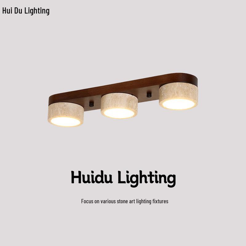 Wabi-Sabi Style Yellow Travertine and Walnut Ceiling Light for Hallways, Cloakrooms, and Balconies