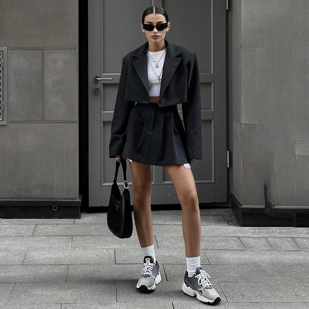 

Женская рубашка из двух предметов с лацканами и длинными рукавами, юбка с высокой талией и завязками, комплект большого размера, модные костюмы L чёрный