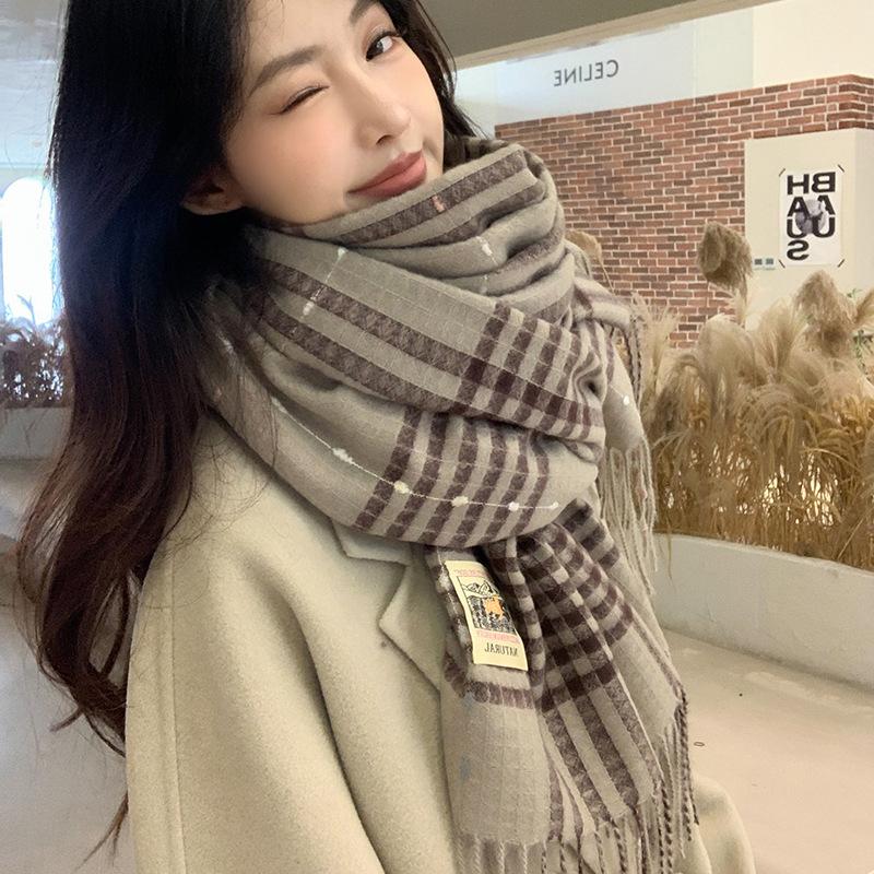 Double-sided plaid knitted fringed scarf women's autumn and winter new versatile thickened warm scarf student outer shawl