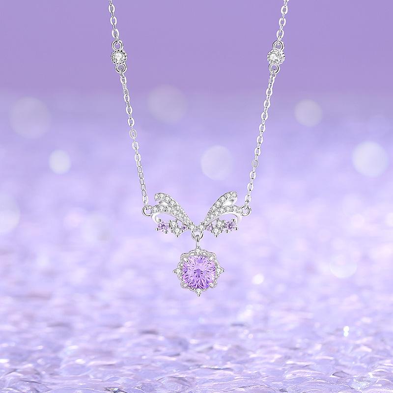Original Star Bow Princess Necklace Women's Sterling Silver Fashion OL Style Light Luxury Fireworks Cut Purple Zircon Collarbone Chain