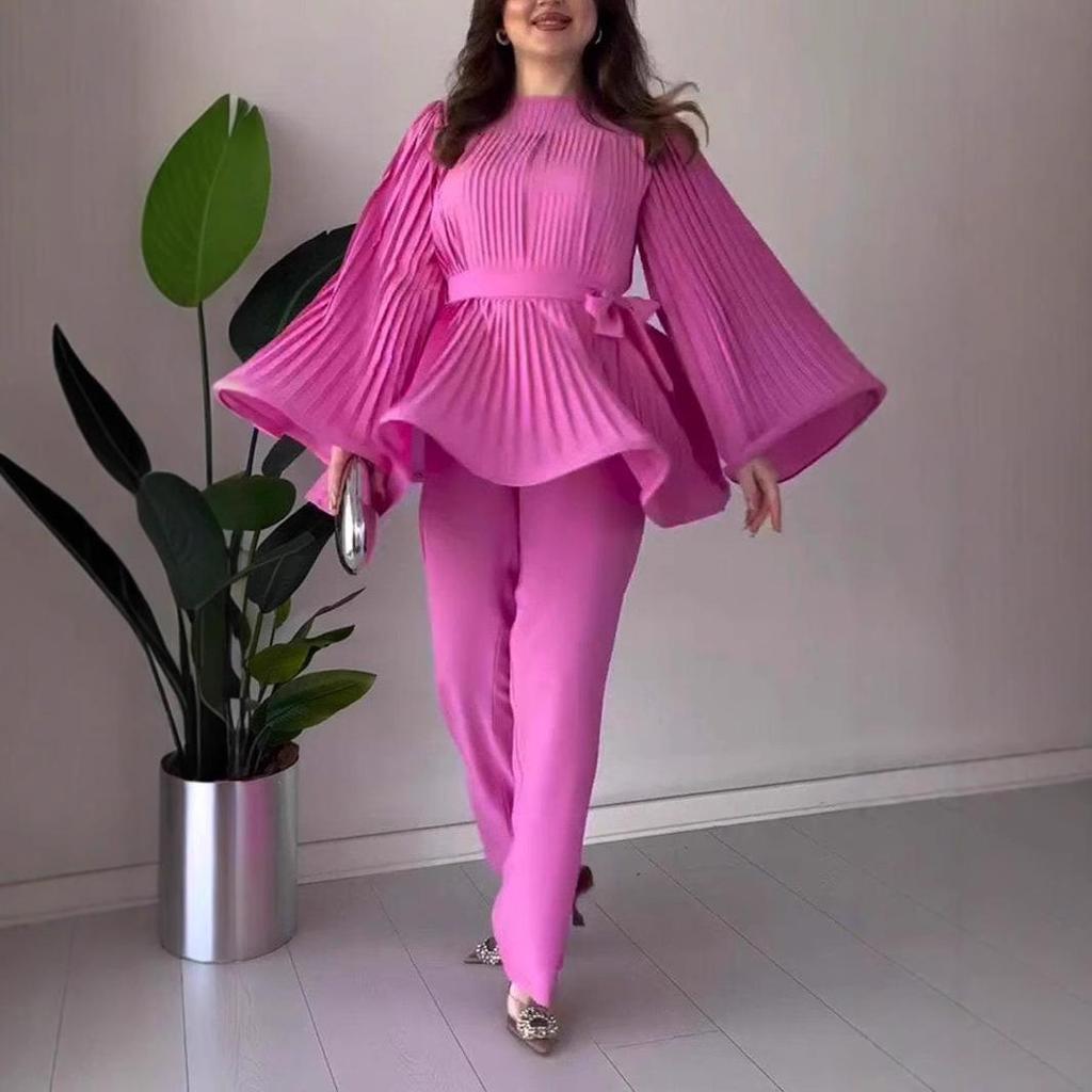 2024 Solid Color Pleated Ruffle Hem Loose Casual Long Pants Set