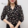 Women Tie Shirt V-neck Long Sleeve Pullover Tops Printing Faux Pearl Loose Fit Blouse Plus Size Streetwear