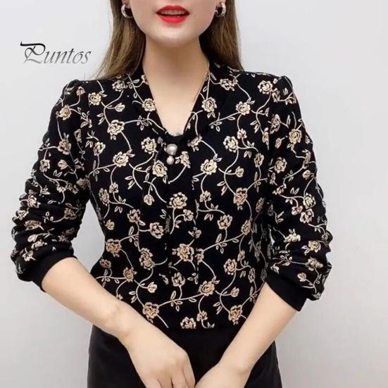 Women Tie Shirt V-neck Long Sleeve Pullover Tops Printing Faux Pearl Loose Fit Blouse Plus Size Streetwear