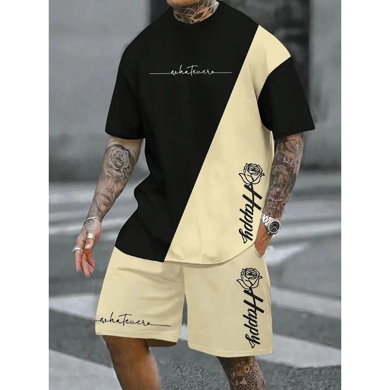 Men's Fashion Suit Harajuku Style Short-sleeved T-shirt + Shorts Two-piece Set Men's Trendy Sportswear Plus Size Casual Menswear