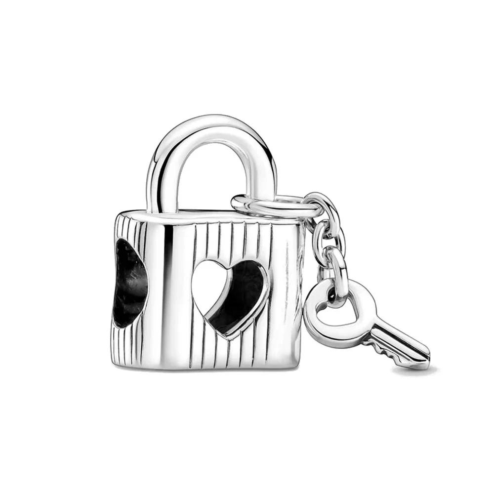 Original 925 Silver Lock&Key Charms Lucky Heart Shaped Key Beads Pendants Fit Bracelet DIY Fine Jewelry Gift
