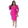 Plus Size European & American Fashion Casual Solid Color V-Neck Long Sleeve Dress
