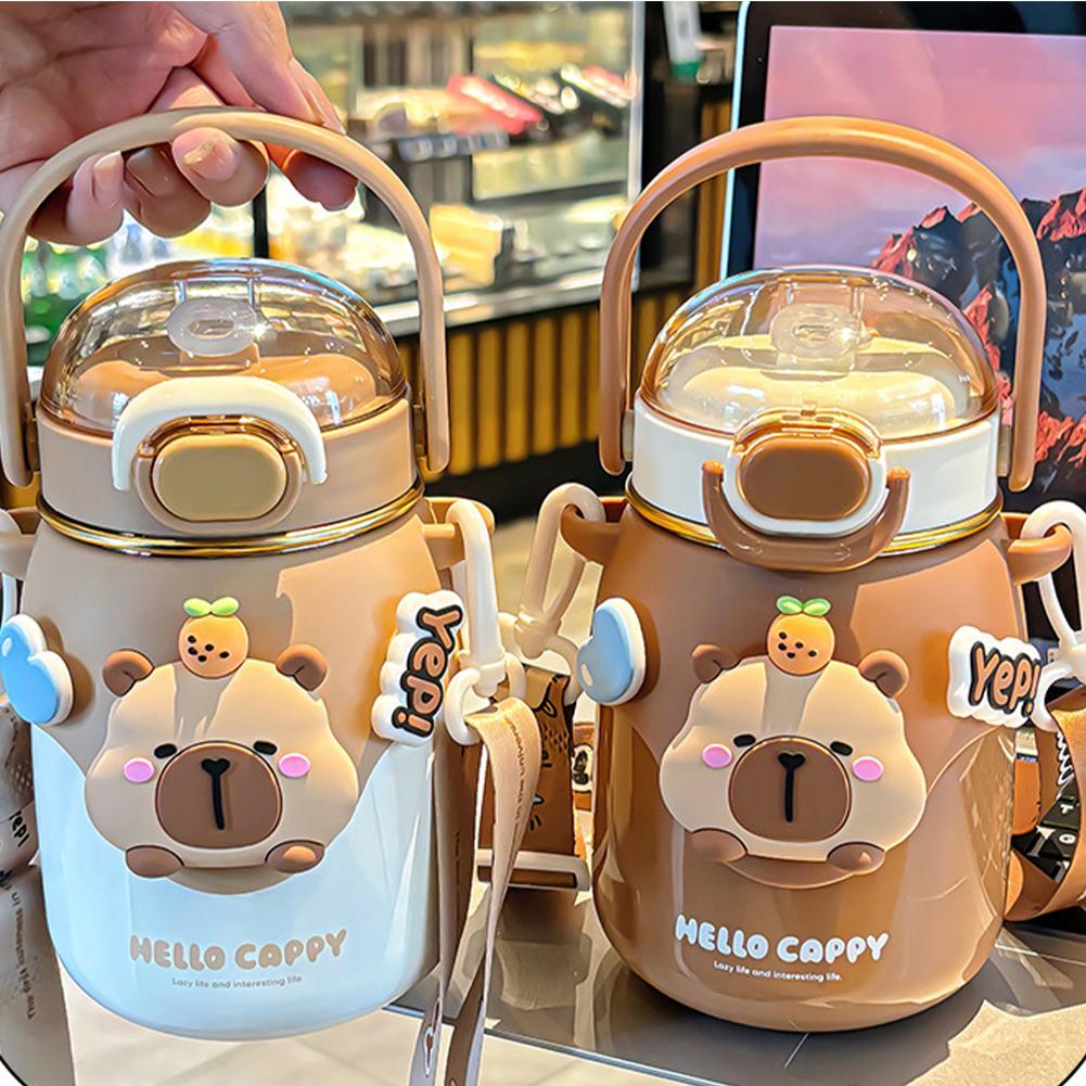 Capybara Cartoon Thermos Water Cup with Straw 700ML Water Bottle Summer Drink Bottle Leakproof Travel Drink Cup for Women & Men