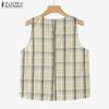 ZANZEA Women Summer Round Neck Sleeveless Grid Print Tank Tops