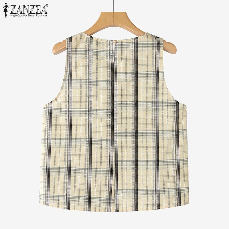 ZANZEA Women Summer Round Neck Sleeveless Grid Print Tank Tops