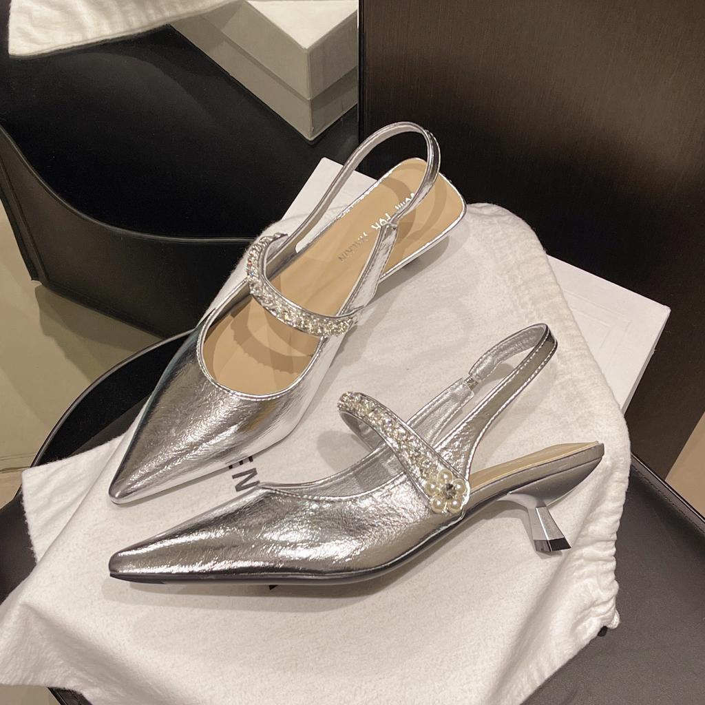 French Rhinestone with Shallow Mouth Thin Heel Bag Head Sandals Women's 2025 Summer Pointed Head Versatile Empty Single Shoes Commuting Versatile