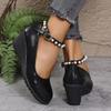 Elegant Ladies Pearl Ankle Strap Wedge Shoes for Women Autumn 2025 Black Pu Leather Office Pumps Woman Comfort Soft Mary Janes