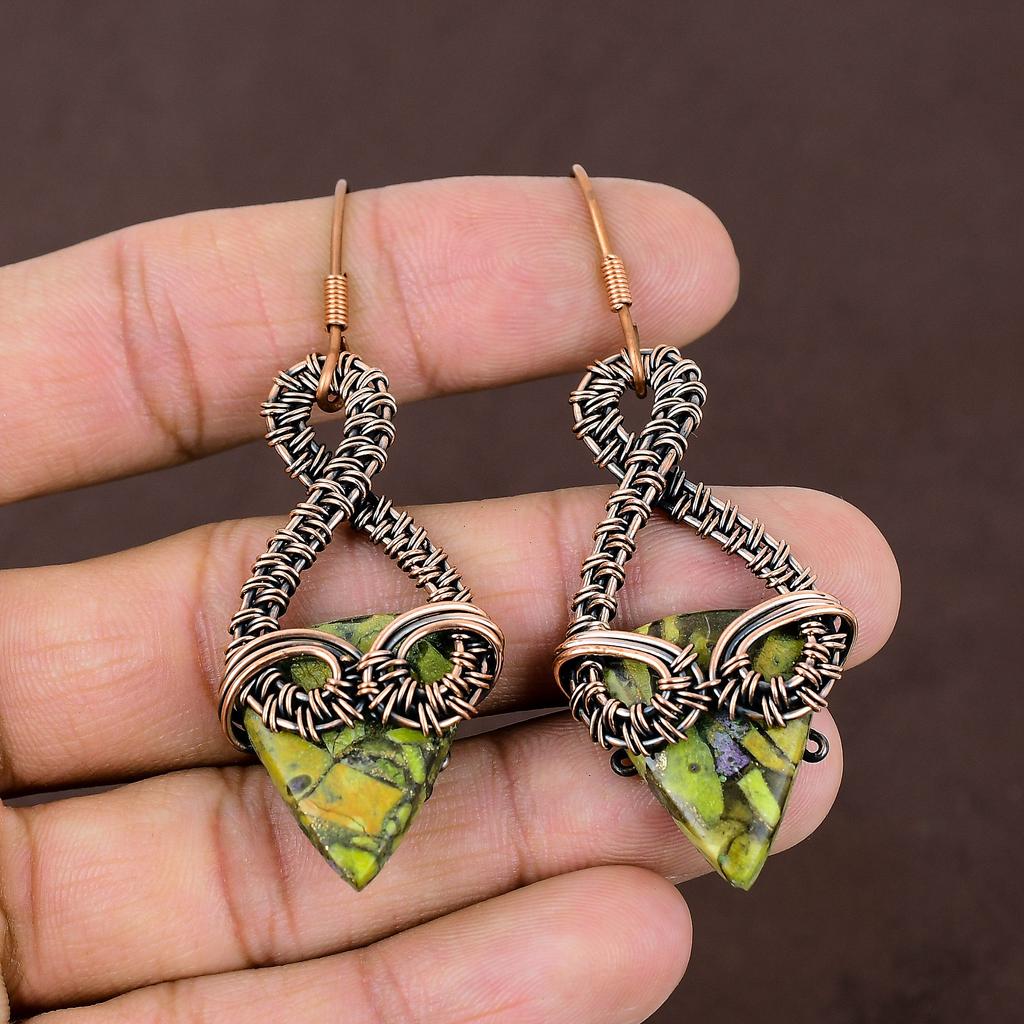 Copper Green Turquoise Handmade Copper Wire Wrap Earring 2.72 T9o14